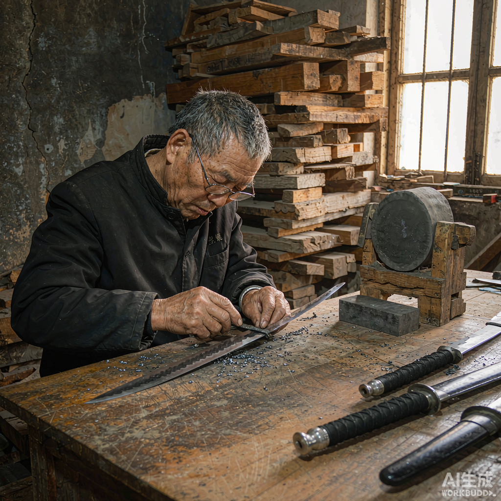 Master craftsman polishing a sword blade in Longquan